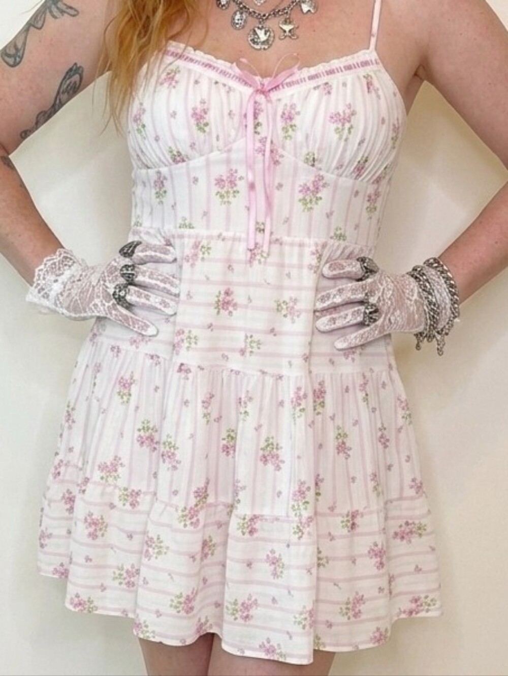 Francesca's Pink Floral Spaghetti Strap Mini Dress Bow Detail, Fairycore, Pretty